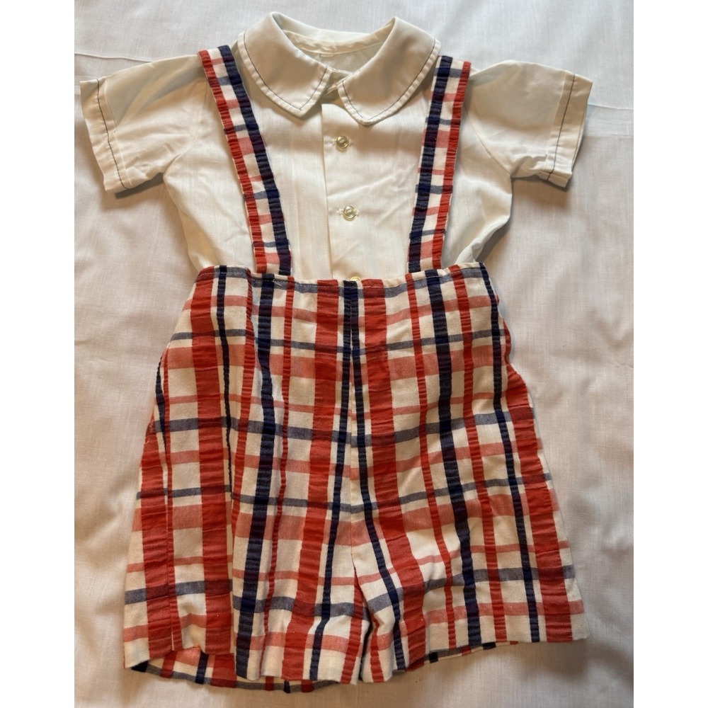 VTG Nannekins Toddler Boy Red White Blue 3 Pieces Blazer Suspender Shorts Shirt